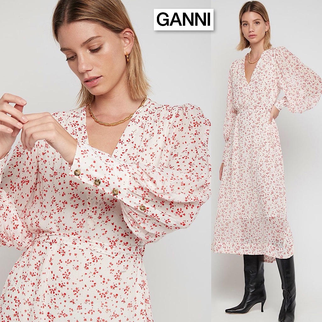Ganni Printed Georgette Midi Dress In Egret Floral Print White F5879 36 S Boho